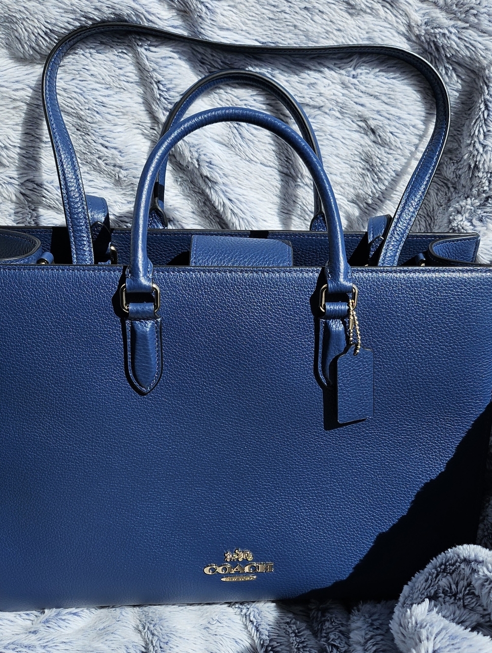 Coach Navy Pebbled Leather Satchel with Gold Accents